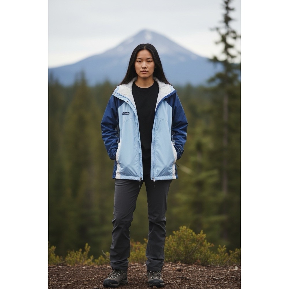 Columbia Women's Size XL Blue/White Windbreaker Full Zip Hooded Lined Vented